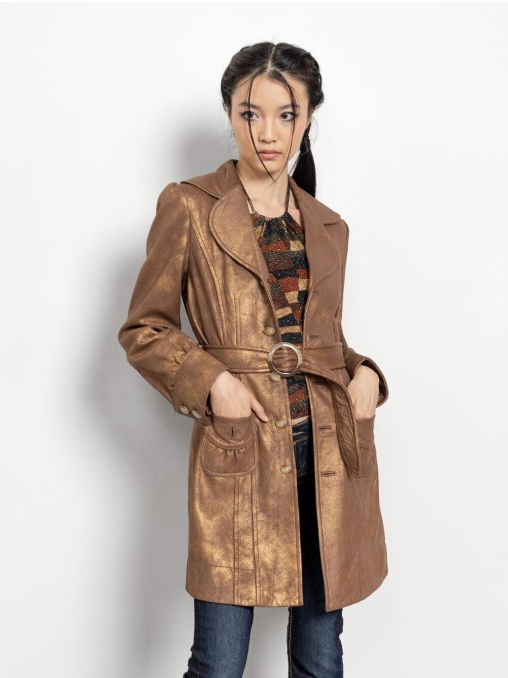 GOLD LEATHER JACKET Long Vintage Coat Women Fall Spring 90's / Small Xs